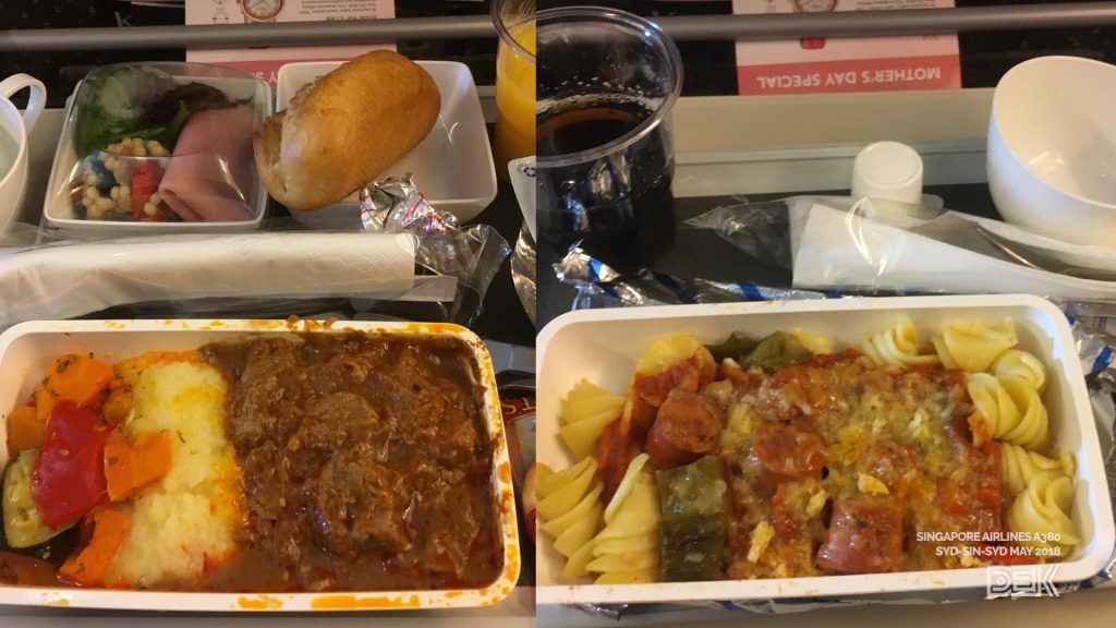 Western meals on the daytime flight to Singapore: beef goulash (left), and spiral pasta with chorizo (right).