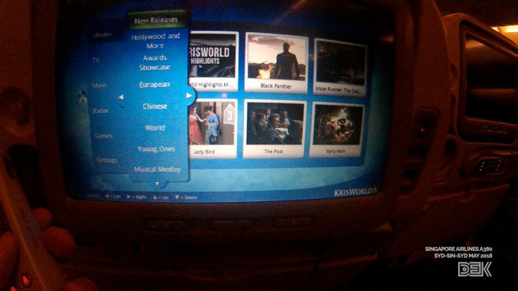 The menu screen on Singapore Airlines' Krisworld entertainment system. This has been upgraded across all their fleet since 2018, however.