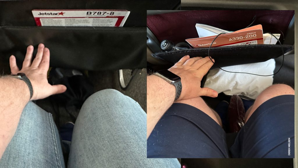 Seat comparison. On the left, Jetstar's 787; on the right Qantas' A330. The Qantas seat seems more cramped due to the blanket and pillow taking up foot room, and is also thinner.