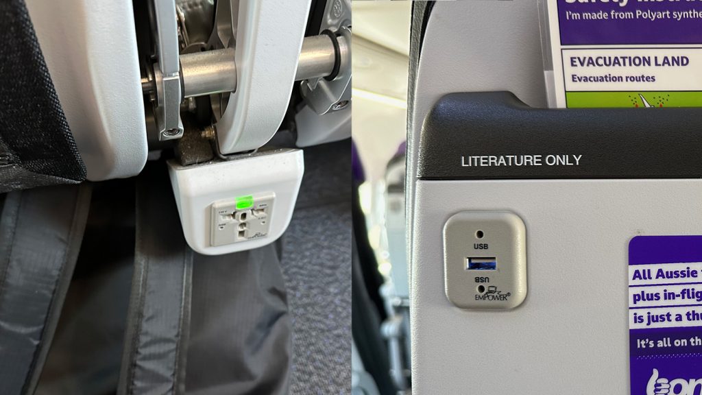 Composite photo showing the universal power outlet and USB charging ports installed in each row.