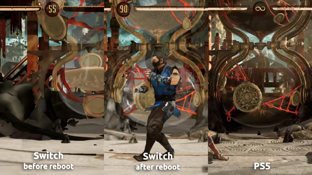Comparison of The Hourglass stage on MK1, showing textures failing to load on the Switch version in some cases.