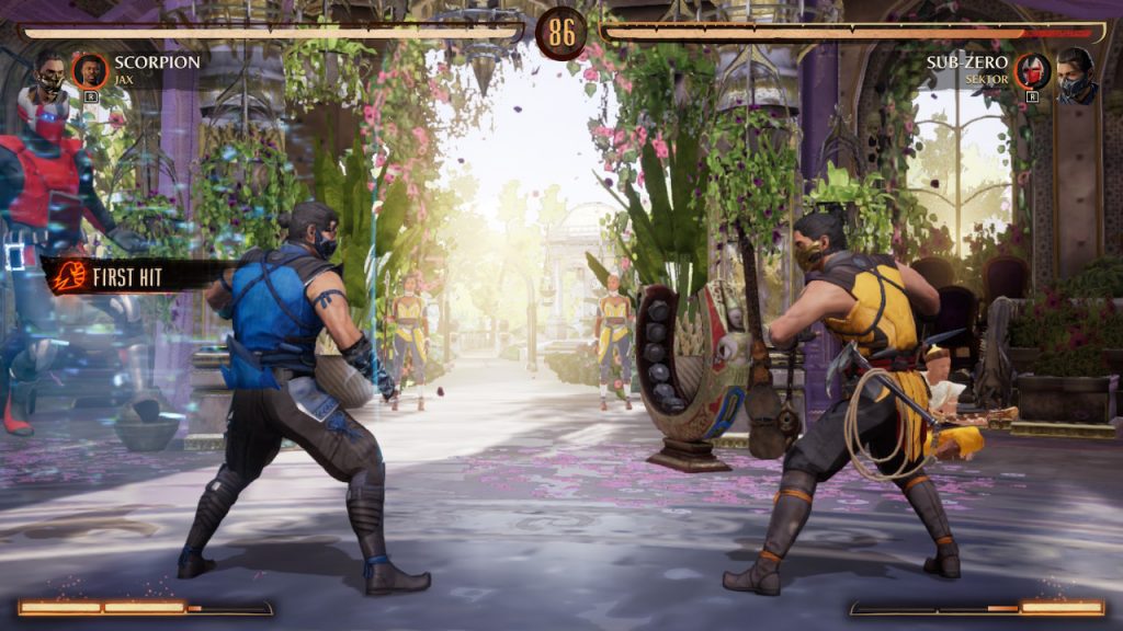 Sub-Zero and Scorpion face off in front of a lush garden. Sunlight streams through an archway in the temple walls.