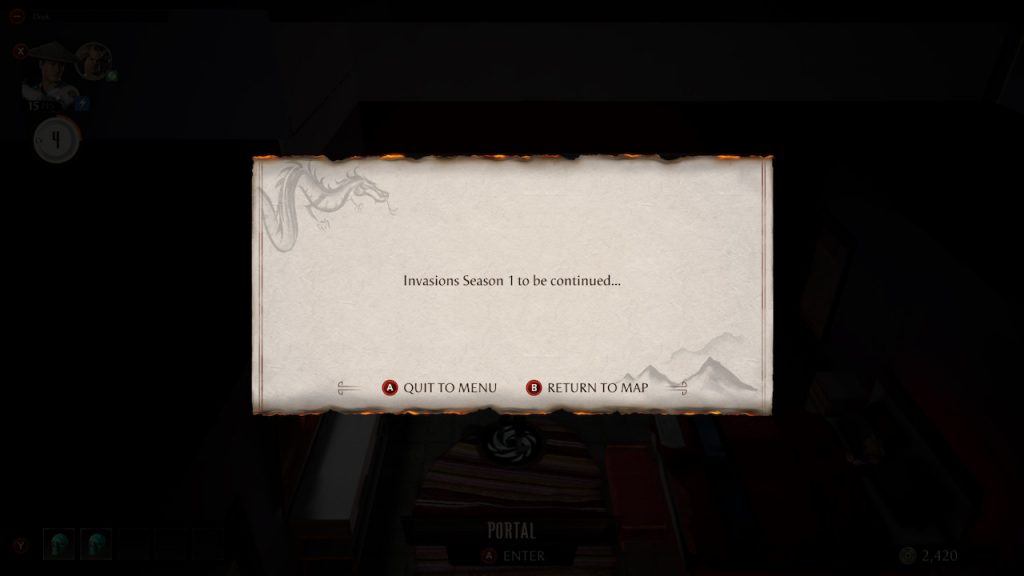 An on-screen message that says "Invasions Season 1 to be continued..." with the options of returning to the Invasions map, or quitting to the game's main menu.