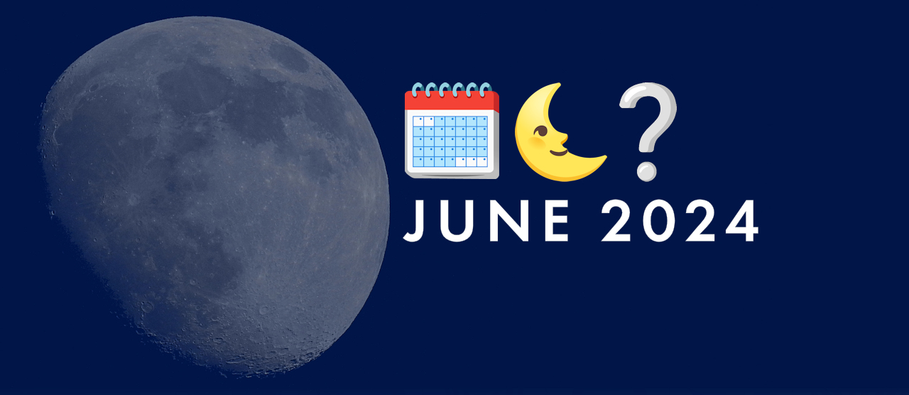 A picture of a nearly-full moon at night. Three emojis: calendar, moon, question mark. The text "June 2024".
