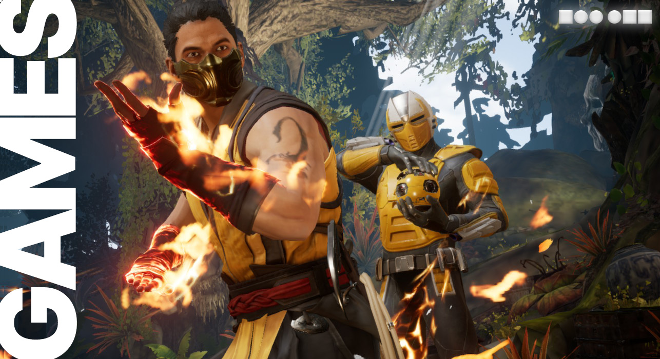 Scorpion and Cyrax prepare for battle in Mortal Kombat 1 on the Nintendo Switch. Scorpion's hands are emitting flames; Cyrax holds a grenade.